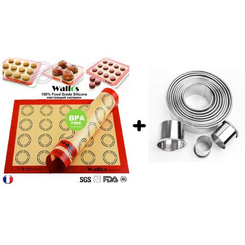 Tapis De Cuisson 100% Silicone Réutilisable Anti Adhésif 42 X 30 Macarons + 12 Pcs Emporte-Pièces Rond Cercle Pâtisserie Moule