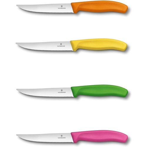 Victorinox - Couteau À Steak Gourmet Swiss Classic, Tranchant Denté 12 Cm - Couleurs Assorties: Jaune, Orange, Rose, Verte - Emballage Spécial De 4 Pièces