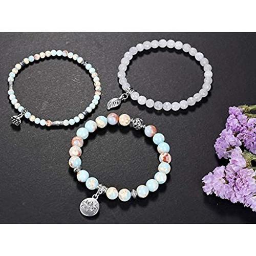 Jovivi 3PCS Bracelet Pierre Naturelle Femme Lotus ¿il de Tigre Obsidienne  Rhodochrosite Perles d'Energie Pierre Précieuse Élastique Tibétain  Bouddhiste Famille Amitié Amour