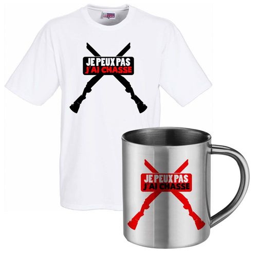 Ensemble T-Shirt Blanc Et Mug Inox Je Peux Pas J'ai Chasse Fusil T-Shirt Humoristique De Bonne Qualité.