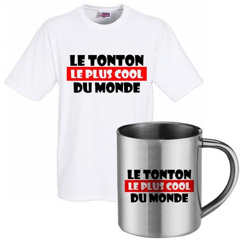 Ensemble T-Shirt Blanc Et Mug Inox "Le Tonton Le Plus Cool Du Monde"T-Shirt Humoristique De Bonne Qualité.