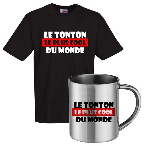 Ensemble T-Shirt Noir Et Mug Inox "Le Tonton Le Plus Cool Du Monde"T-Shirt Humoristique De Bonne Qualité.