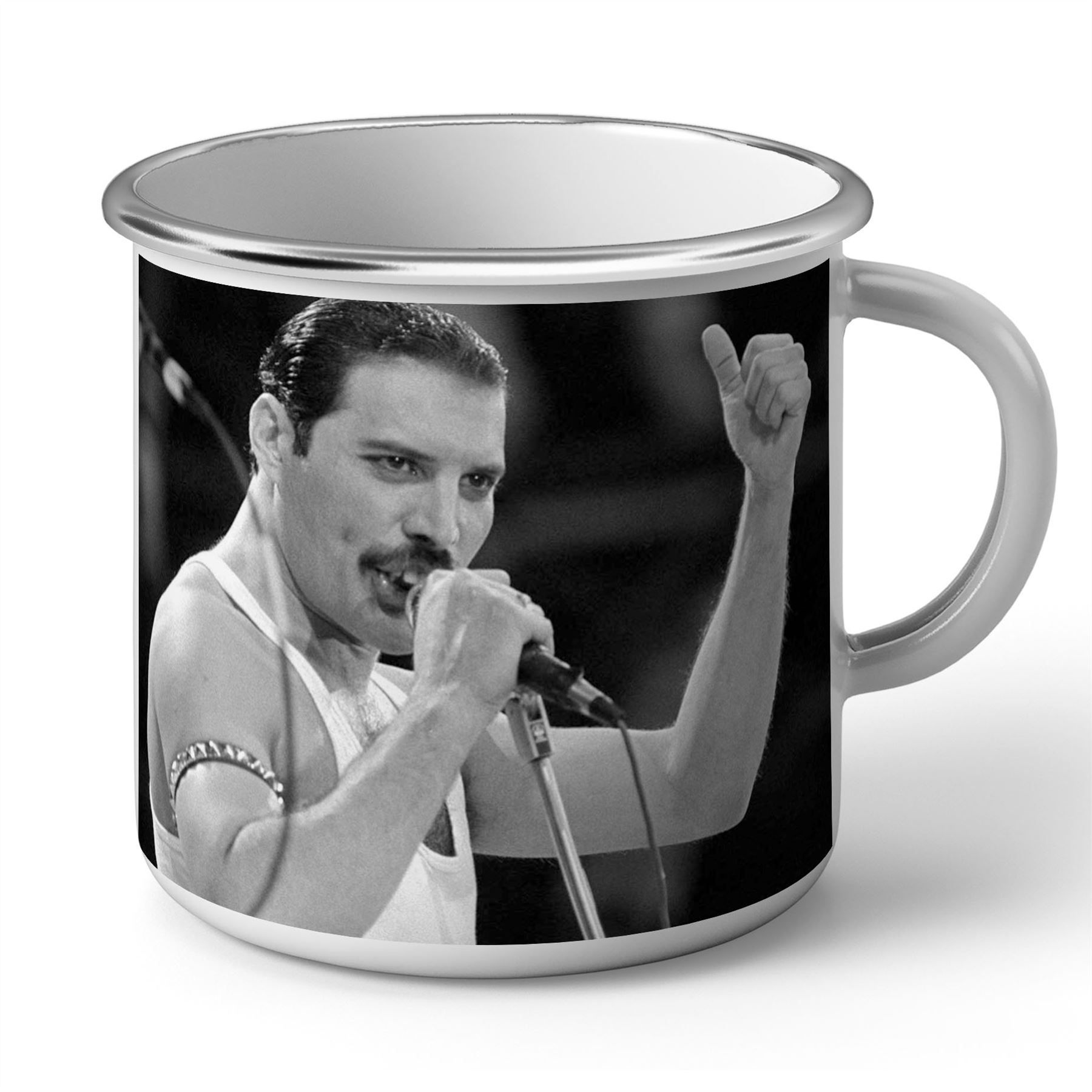 Mug En Métal Emaillé Queen Freddy Mercury Wembley Rock 80's Noir Et Blanc
