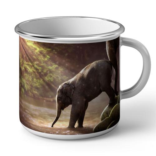 Mug En Métal Emaillé Bebe Elephant Et Sa Maman Riviere Photo Nature Mignon