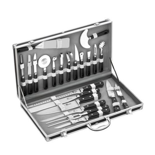 Pradel Excellence Valise Cuisinier 22 Pieces 14 Ustensiles + 7 Couteaux Noir Et Gris