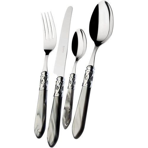 Bugatti, Aladdin, Set De 24 Couverts En Acier Inoxydable 18/10, Anneau Chromé Et Manche Gris Effet Nacre. Set De Couverts 6 Personnes: 6 Cuillères, 6 Fourchettes, 6 Couteaux Et 6 Cuillères À Café