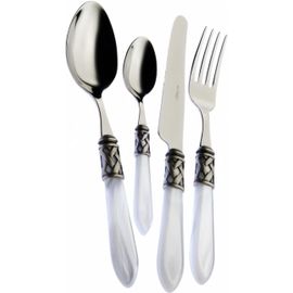 Bugatti Couverts De Table 24 Pieces Inox 18/10 Aladdin Nacre Manche Blanc Bague Argent Antique