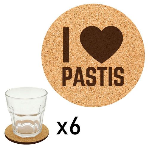 Lot De 6 Dessous De Verre En Liège Gravés I Love Pastis