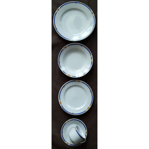 Ensemble Assiette Plate + Creuse + Dessert + Tasse Et Soucoupe En Porcelaine Blanche + Gratuits, Liseré Bleu Et Motif Floral Orange