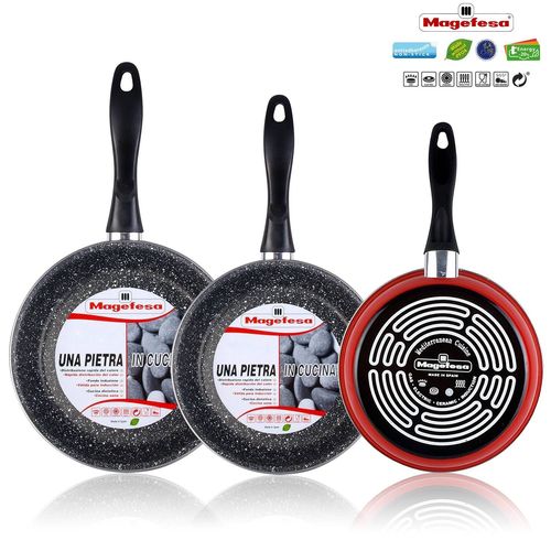 Lot De 3 Poêles 20-24-28 Cm Induction, Antiadhésives Pierre Rouge Magefesa K2 Roja