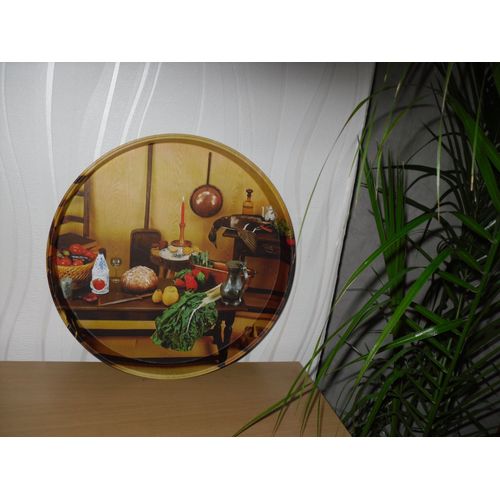 Superbe Plateau Rond  Métal  Décor Vintage