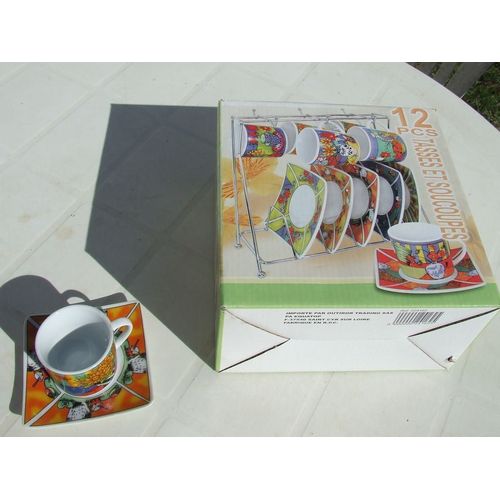 Service À Café En Faience Multicolore (6 Tasses + 6 Soucoupes)