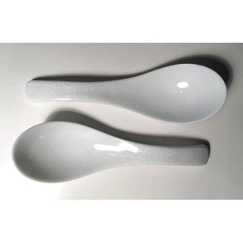 Lot De Deux Cuillères À Soupe Asiatique Miso Chinoise / Porcelaine Motifs Japonais Spirales