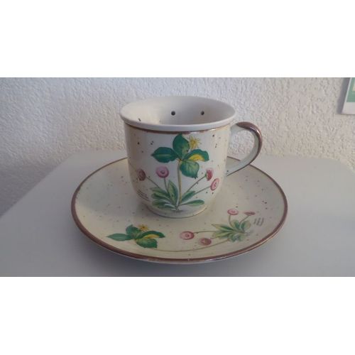 Tasse À Infusion Avec Filtre Et Sous-Tasse - Décor Plante Aconitum - H8,5cm - D8,5 Cm