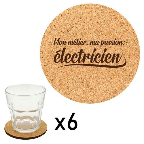 Lot De 6 Dessous De Verre En Liège Gravés Métier Passion Électricien