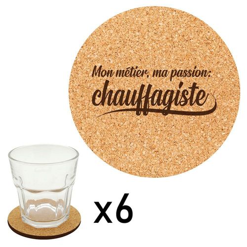 Lot De 6 Dessous De Verre En Liège Gravés Métier Passion Chauffagiste
