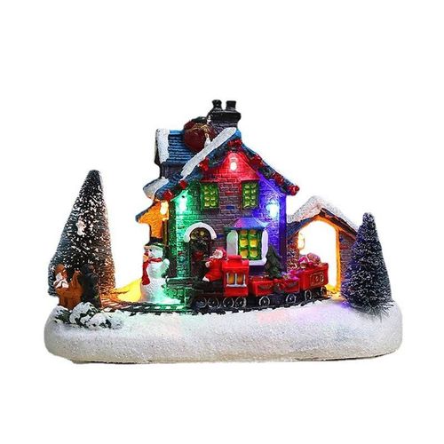 Led Scintillante De Noël, Maison, Père Noël, Bonhomme De Neige, Scène De Train, Ornements Jouant Au Village, Artisanat, Musique, Maison, Atmosphère De Noël Y6g8