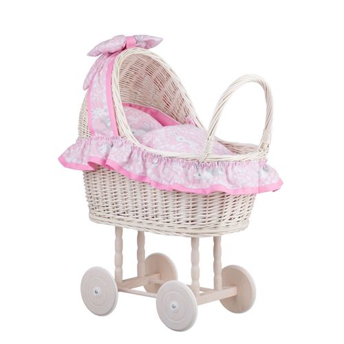 Poussette Pour Poupée - Landau - Pousette En Osier Blanc-Creme Avec Roues En Bois (Rose)