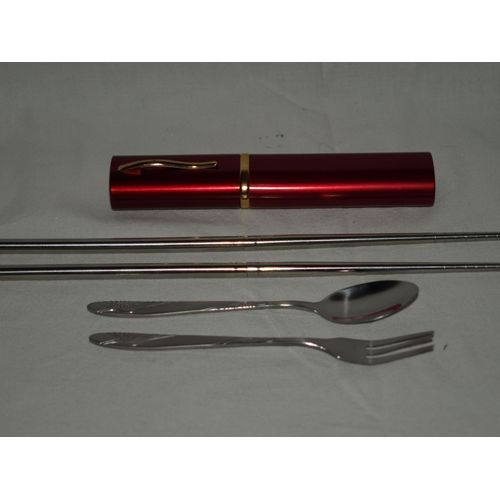 Étuis Alu Rouge Avec A L¿Intérieur 2 Baguettes + 1 Cuillère + 1 Fourchette Métal Acier (Jamais Utilisés)