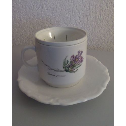 Tasse À Infusion Avec Filtre Et Sous-Tasse - Décor Plante Gentiana Germanica - H8,5cm - D8,5 Cm