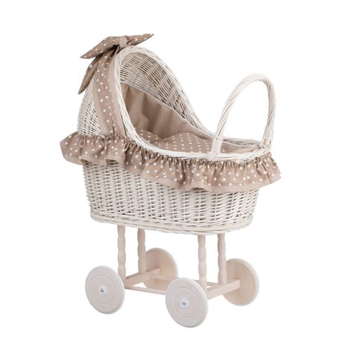 Poussette Pour Poupée - Landau - Pousette En Osier Blanc-Creme Avec Roues En Bois (Blanc-Beige)