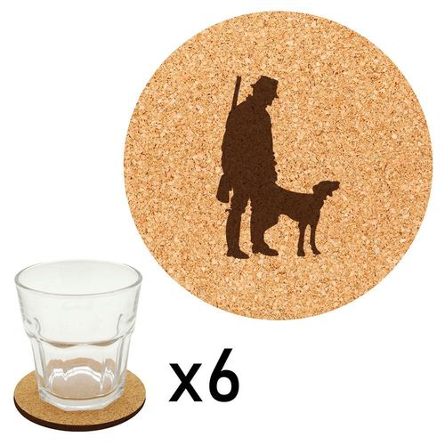 Lot De 6 Dessous De Verre En Liège Gravés Chasseur Et Chien