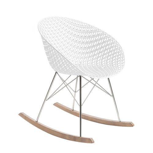 Kartell Chaise À Bascule Smatrik (Blanc - Polycarbonate Coloré Dans La Masse, Bois Teinté Chêne Et Acier Chromé)