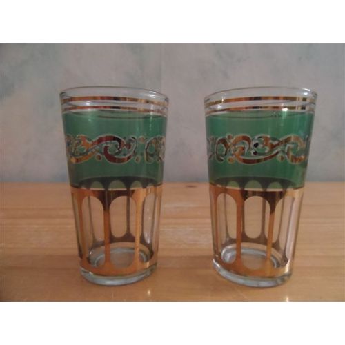 2 Verres À Thé Décor Oriental Vert Et Doré