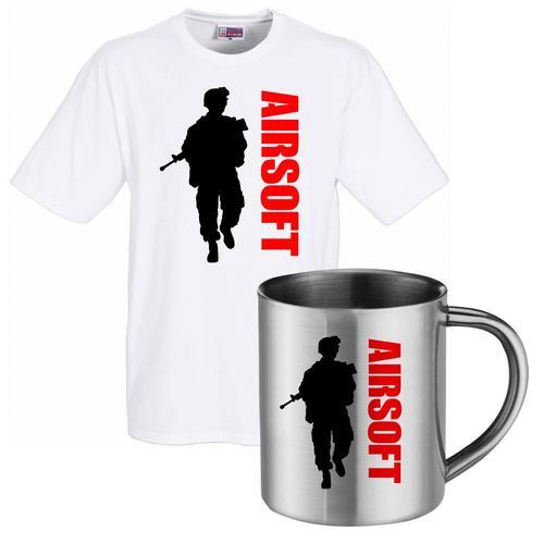 T-Shirt Blanc - Mug Inox Airsoft T-Shirt De Bonne Qualité. Pour La Fête Des Pères Cadeau Original Noël, Anniversaire Mug En Inox Format 80 Mm X 70 Mm De Diametre