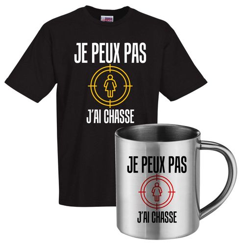 T-Shirt Noir - Mug Inox "Je Peux Pas J'ai Chasse" En Version Chasseur De Femme Pour Tout Les Dragueurs Notoire.