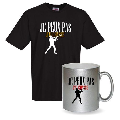 T-Shirt Noir - Mug Pailleté "Je Peux Pas J'ai Chasse" Modèle Chasseur T-Shirt De Bonne Qualité. Mug En Inox Format