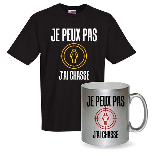 T-Shirt Noir - Mug Pailleté "Je Peux Pas J'ai Chasse" Modèle Dragueur T-Shirt De Bonne Qualité. Mug En Inox Format