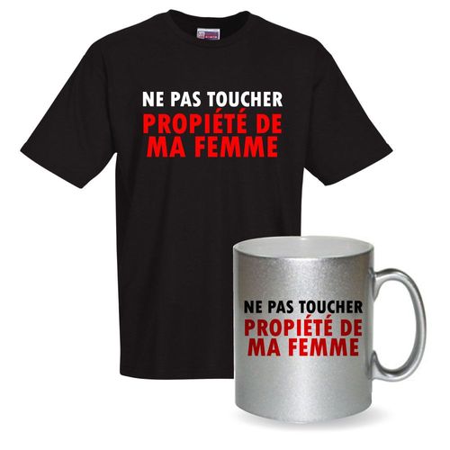 T-Shirt Noir - Mug Pailleté "Ne Pas Toucher Propriété De Ma Femme" T-Shirt De Bonne Qualité. Mug En Inox Format