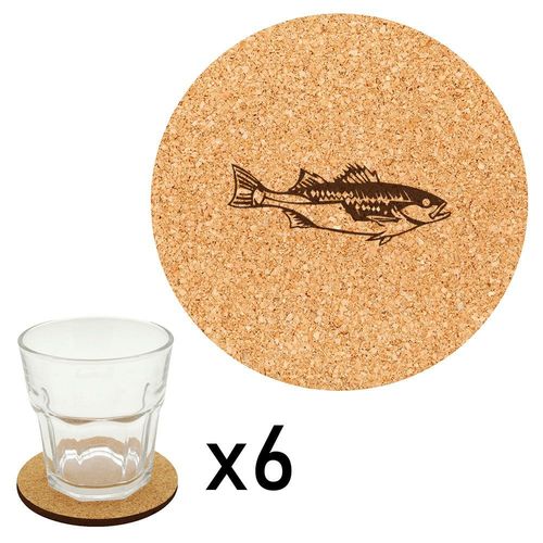 Lot De 6 Dessous De Verre En Liège Gravés Poisson 5