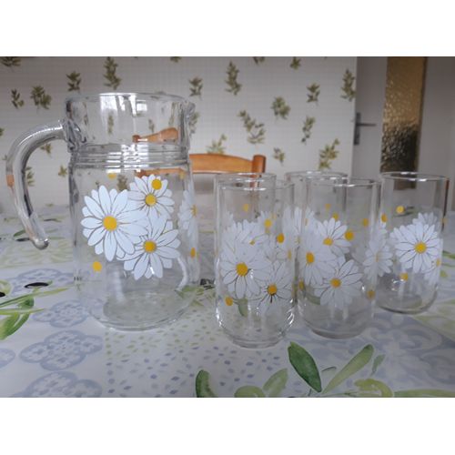 Service À Orangeade Avec 5 Verres Et Son Pichet Motif Floral En Très Bon État