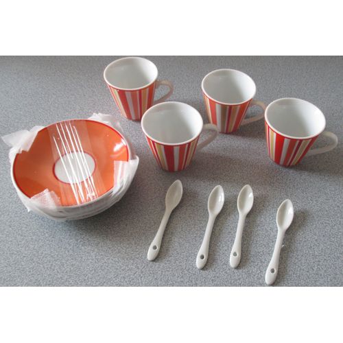 Service À Café 12 Pièces En Porcelaine Movitex - Blanc Et Orange - 4 Tasses Avec Anses + 4 Soucoupes Et 4 Petites Cuillères - Jamais Utilisé