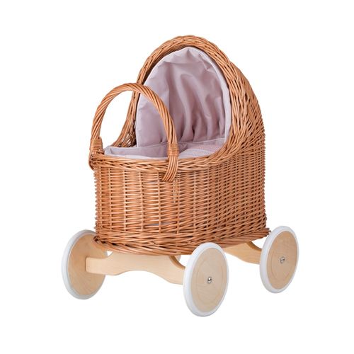Grand Landau-Poussette Pour Poupée En Osier Naturel Avec Les Roues En Bois Et Joli Tissu Rose