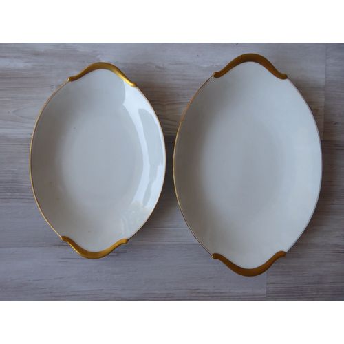 2 Plats Oblong Céramique Blanche Et Dorée Limoges Années 20