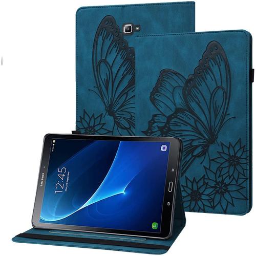 Coque Galaxy Tab A6 Housse en Cuir PU Portefeuille Papillon en Relief  Porte-Stylo Etui Tablette pour Samsung Galaxy Tab A 10.1 Pouces 2016  SM-T580 / SM-T585 - Bleu Marine