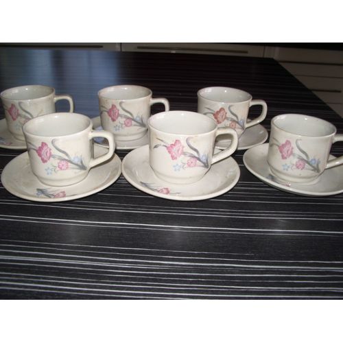 Service À Thé 6 Tasses Et Sous Tasses Motifs Fleurs Neuf