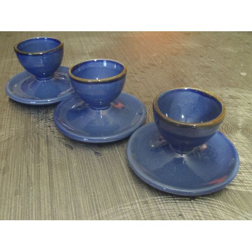 Lot De 3 Coquetiers Sur Soucoupe Ceramique Bleue