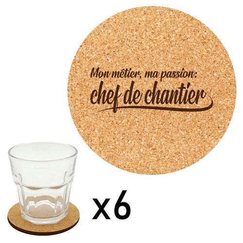Lot De 6 Dessous De Verre En Liège Gravés Métier Passion Chef De Chantier