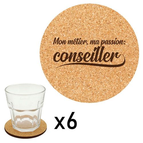 Lot De 6 Dessous De Verre En Liège Gravés Métier Passion Conseiller