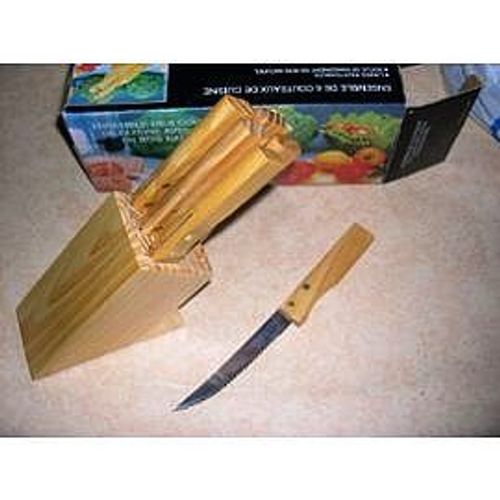 6 Couteaux De Cuisine Manches Et Support De Rangement Bois Verni