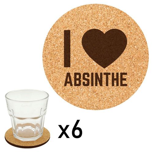 Lot De 6 Dessous De Verre En Liège Gravés I Love Absinthe