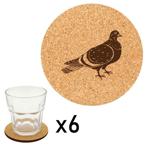 Lot De 6 Dessous De Verre En Liège Gravés Pigeon