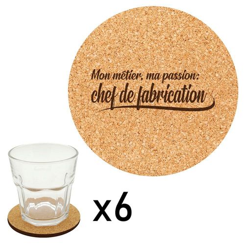 Lot De 6 Dessous De Verre En Liège Gravés Métier Passion Chef De Fabrication
