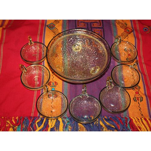 Saladier En Verre -Art Deco- Avec Ses Coupelles