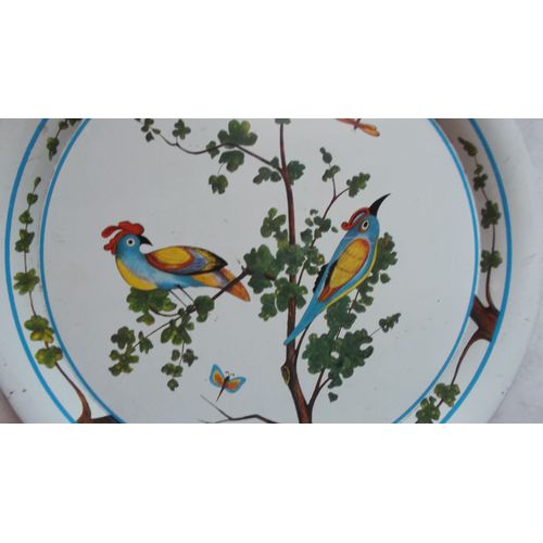 1 Ancien Grand Plat Rond En Fer Avec Des Oiseaux Multicolores