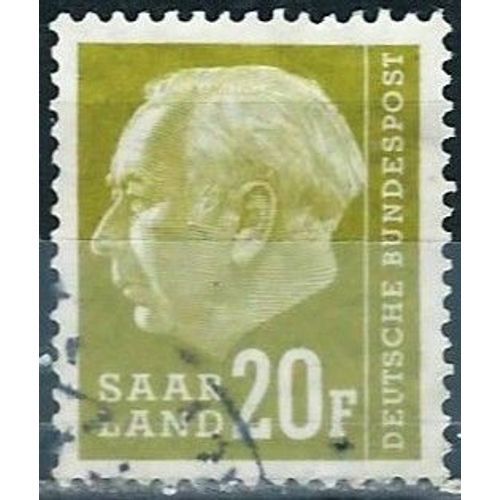 Allemagne, Land De Sarre Sous Adm. Française 1957, Beau Timbre Yvert 395, Portrait Président Heuss, 10f. Jaune Olive, Oblitéré, Tbe.